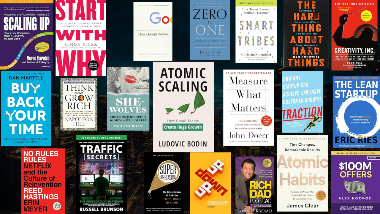 Collage de libros de negocios y crecimiento personal de Principiante